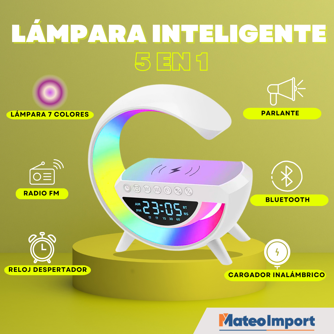 LAMPARA INTELIGENTE 5 EN 1 ( Lámpara, Reloj, Despertador, Parlante Bluetooth, Cargador)