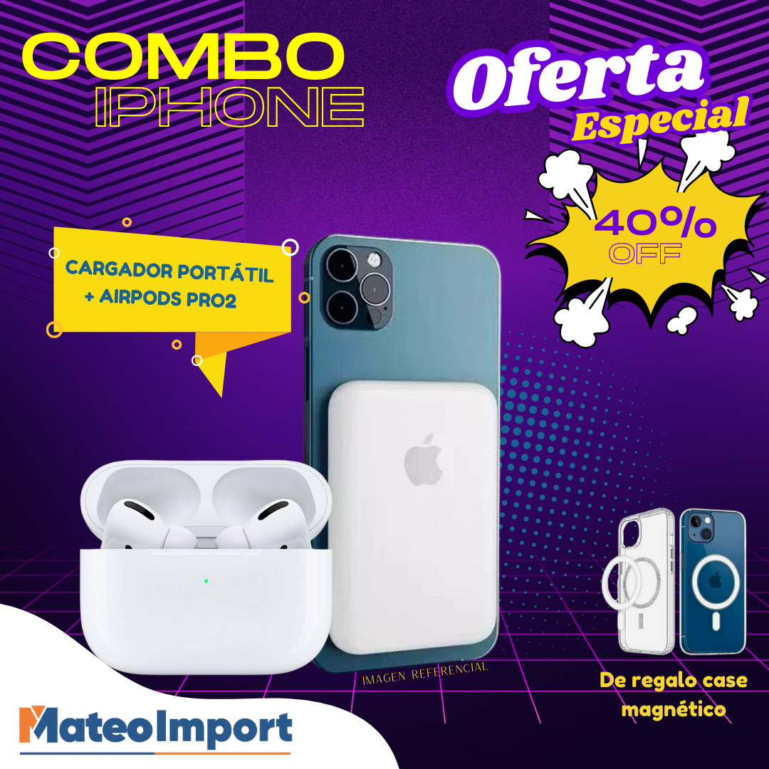 COMBO IPHONE - CARGADOR PORTÁTIL + AIRPODS PRO 2 + CASE MAGNETICO